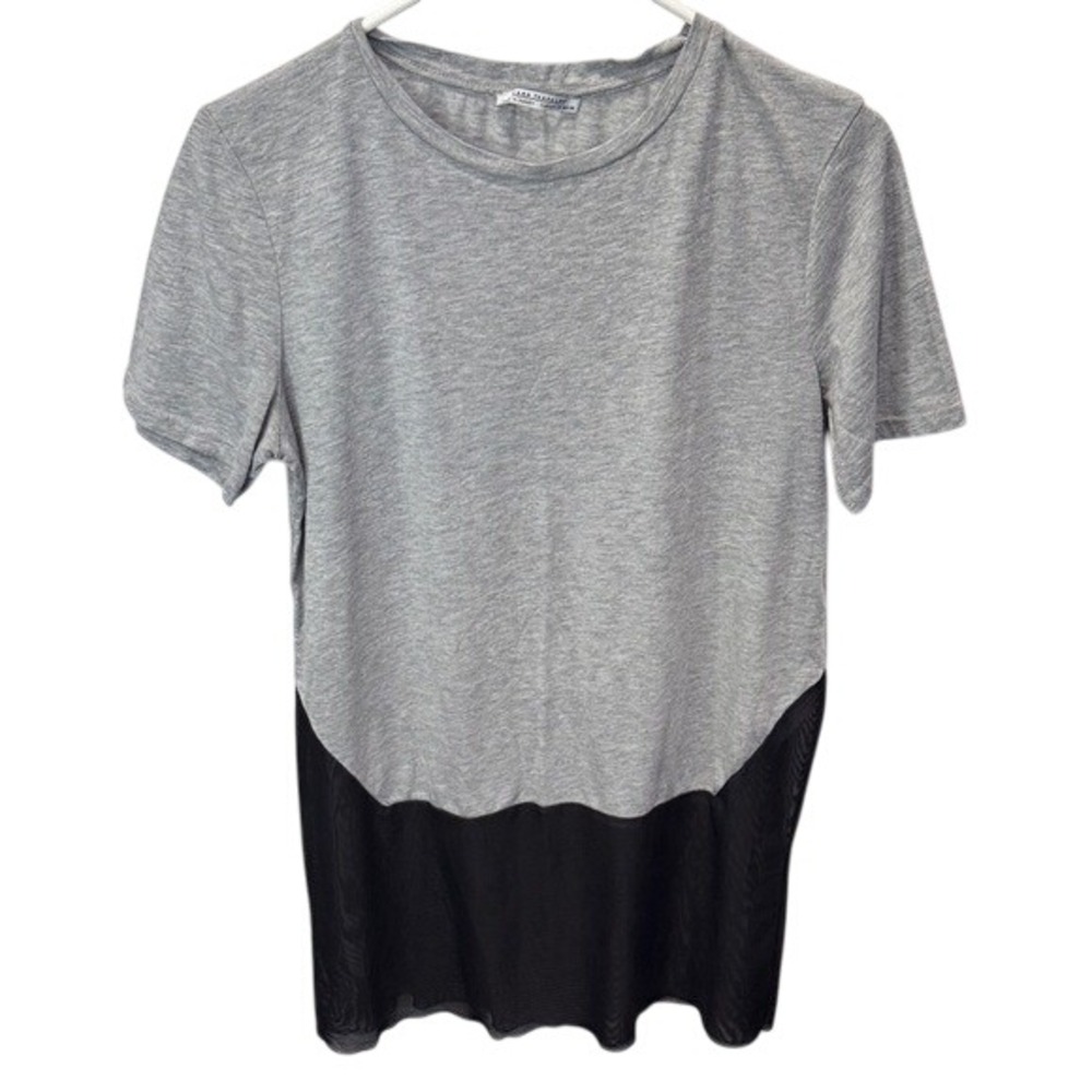 Zara Trafaluc Gray T-Shirt with Black Mesh Hem, Casual Top‎